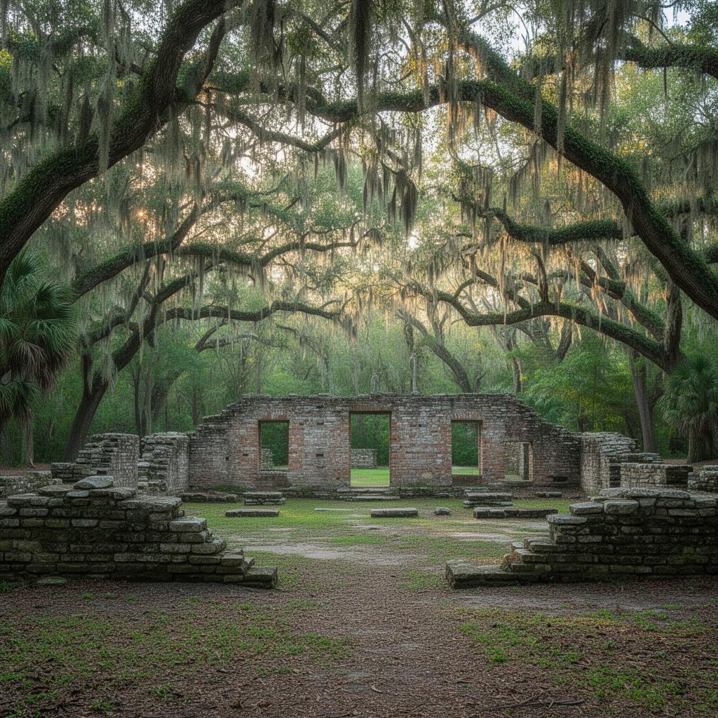 Fort Frederica ruins beneath live oaks, North End St. Simons Island - Val Burnett Real Estate