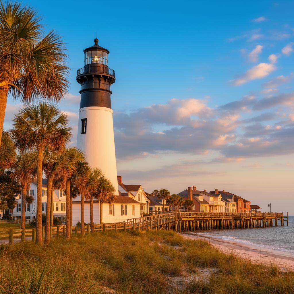 St. Simons Island Lighthouse at golden hour, Georgia - Val Burnett Real Estate